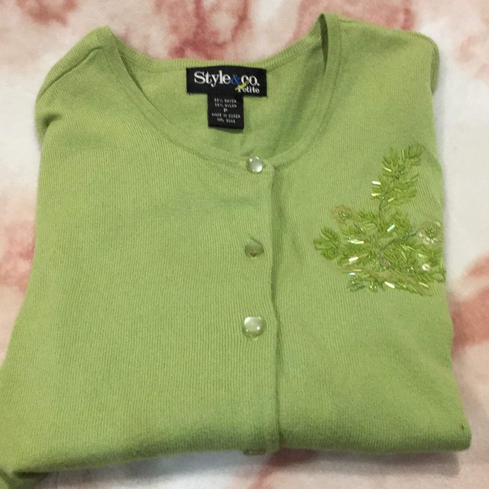 Lime Green Knit Cardigan Sweater w Sequin Floral Accent Size Petite Style &Co RS